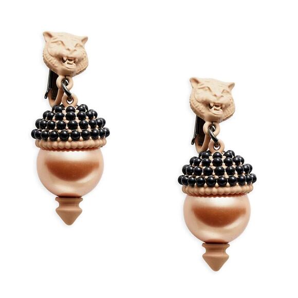 Gucci Bronze Metal Faux-Pearl Lion Clip-On Earrings Made in Italy NWT $550 - Picture 1 of 1